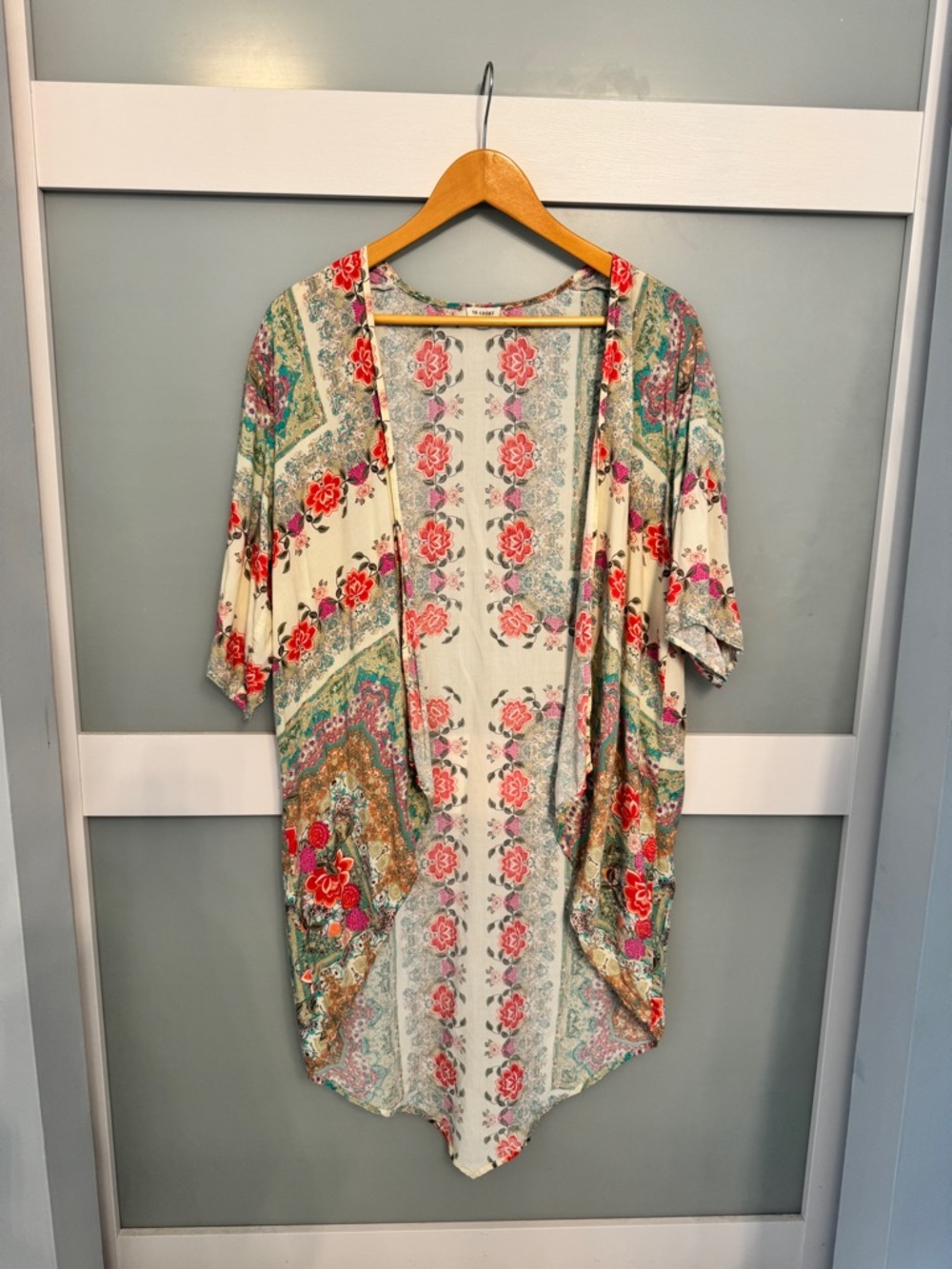 Open-Front Floral Kimono Tunic in Cream with Pink & Green